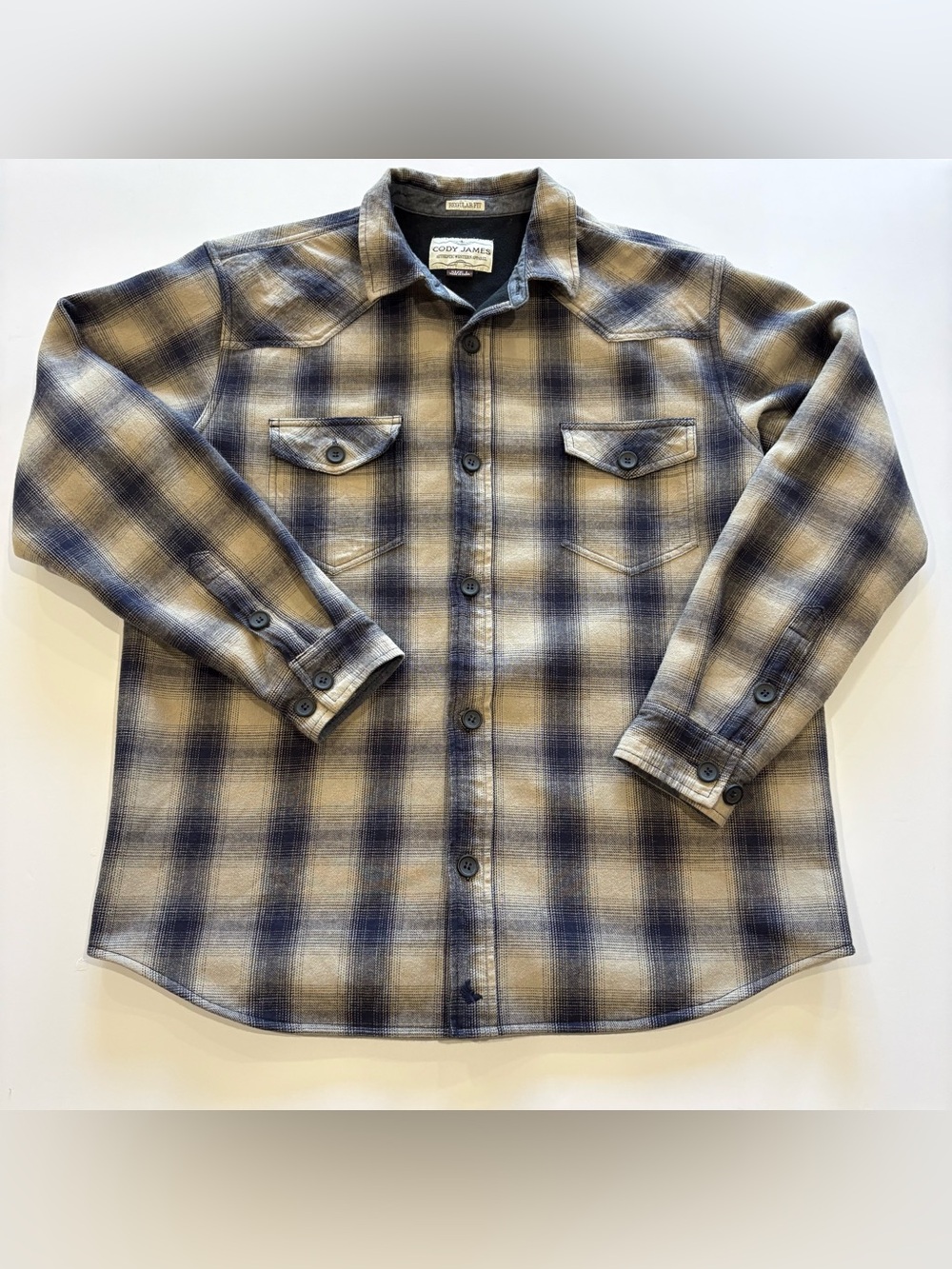 Cody James Western Shirt Jacket Mens L Blue Gray Plaid Fleece Lined Cotton